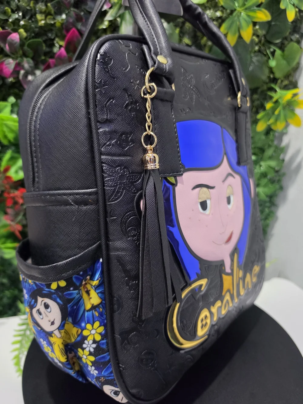 Handmade 30cm Coraline Black Backpack with Blue Hair Character Accent